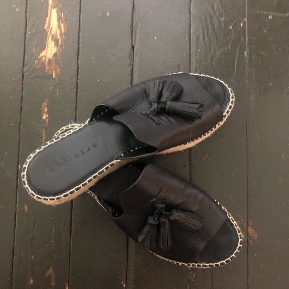 Jigsaw Shoes - JIGSAW Black Leather “Lorna” Espadrille Slides